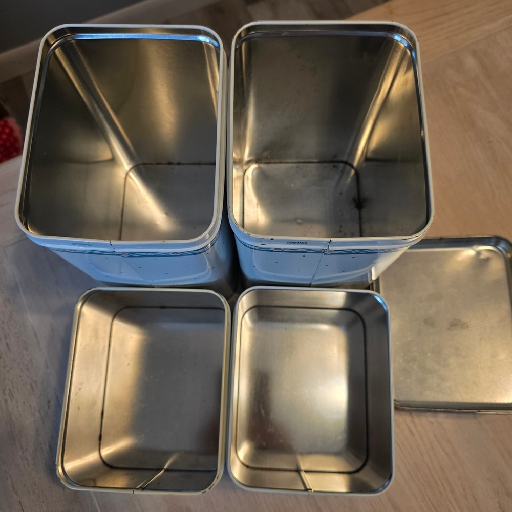 Vintage 1987 Cheinco Country Goose Metal Canister Set 4 Piece Blue White Tins - Picture 3 of 9